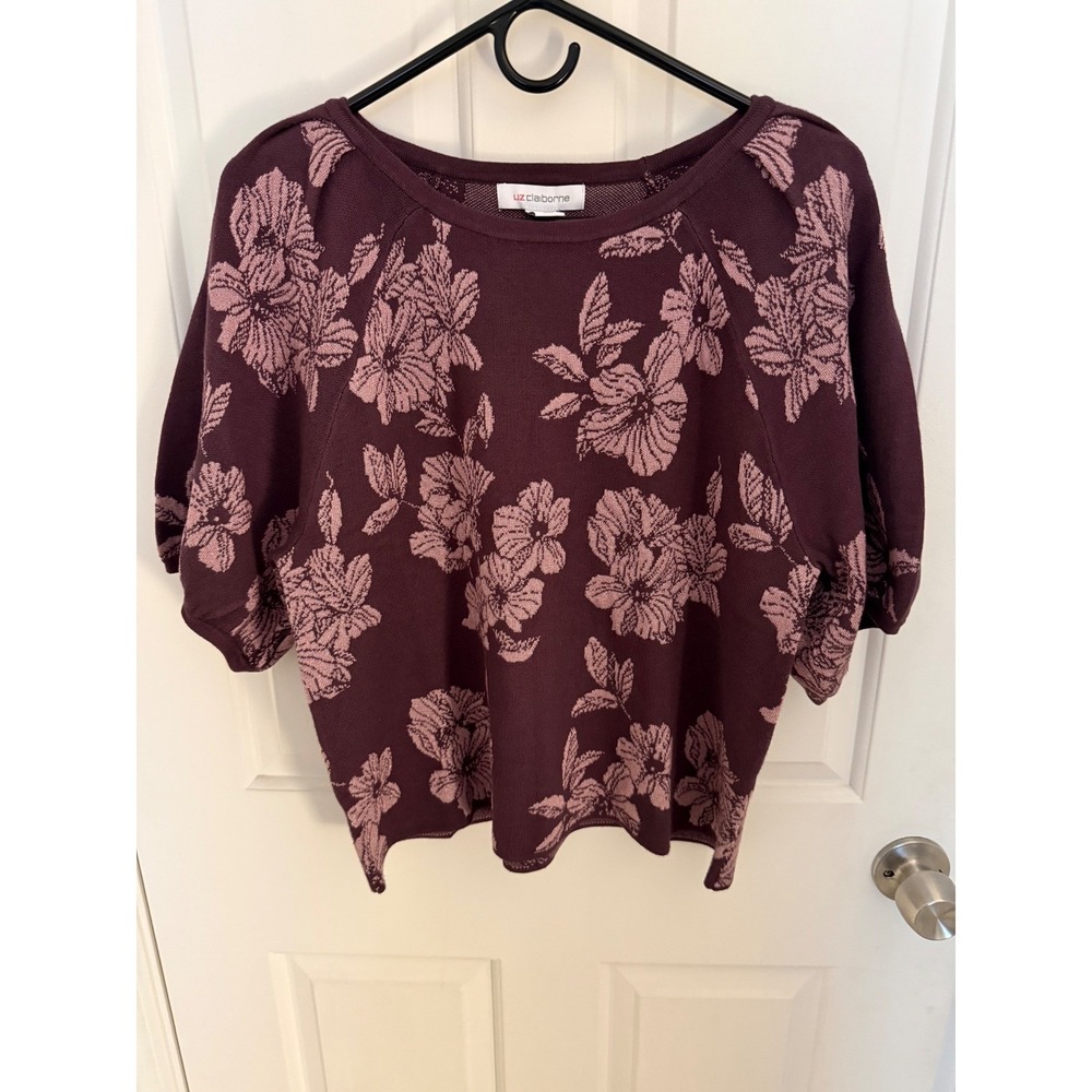 Liz Claiborne Womens L Short Sleeve Floral Sweater Plum Pink Jacquard Knit Top